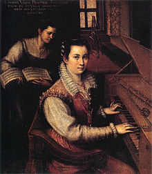 Zelfportret aan het spinet met dienstmeisje, omstreeks 1577, olie op doek